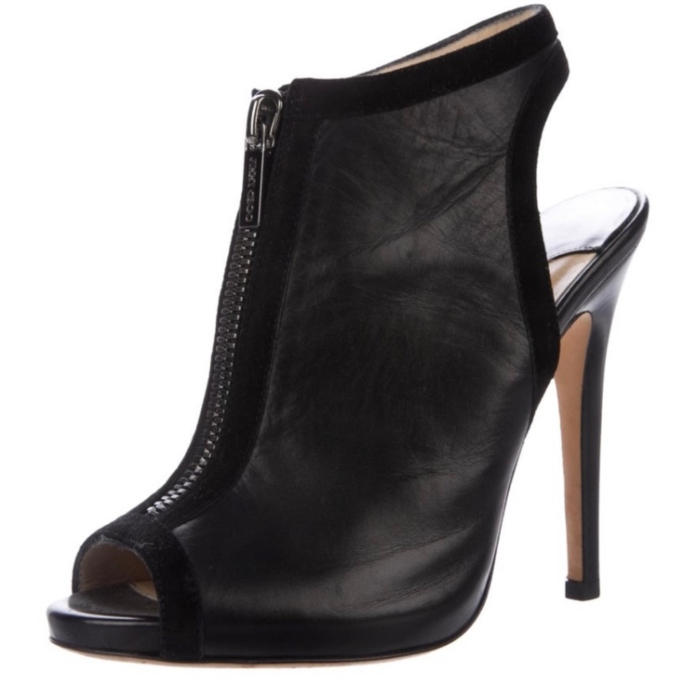 Jimmy Choo black leather high zip-up peep-toes.